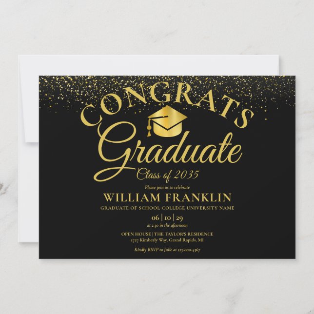 Modern Black And Gold Script Graduation Party Invitation (Front)
