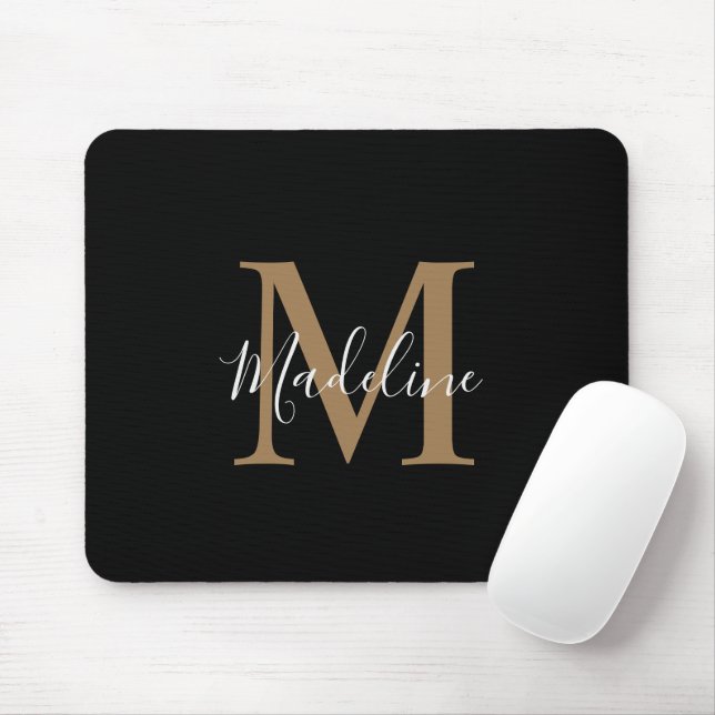 Modern Black and Gold Script Monogram Mouse Pad (With Mouse)