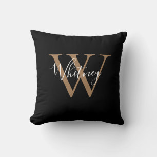 Modern Black and Gold Script Monogram Name   Cushion