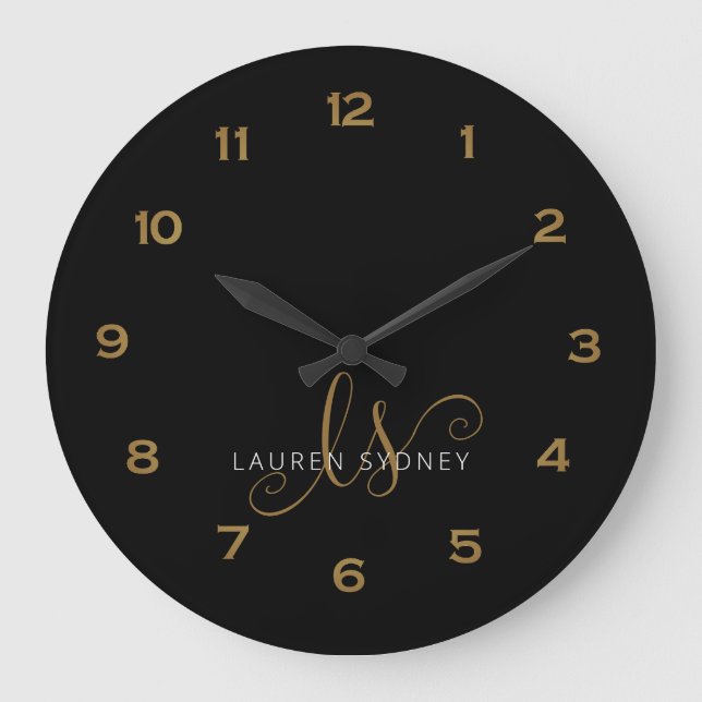 Modern Black And Gold  Script Monogrammed Large Clock (Front)