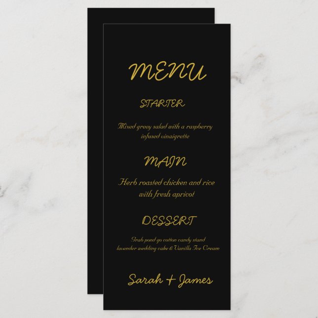 Modern Black and Gold Script Wedding Menu (Front/Back)
