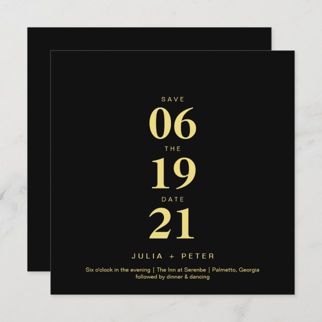 Modern Black and Gold Square Save The Date Wedding Invitation (Front/Back)