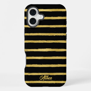 Modern Black and Gold Striped Customisable Name iPhone 16 Plus Case