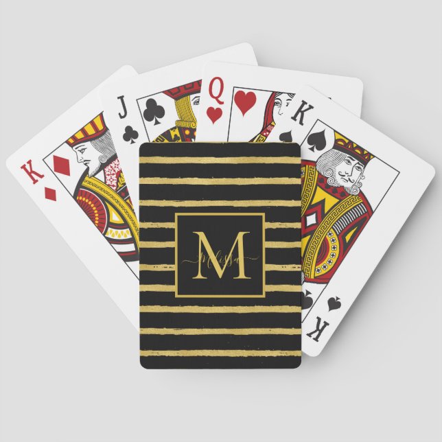Modern Black and Gold Striped Monogram Name Playing Cards (Back)