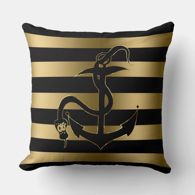 Modern Black And Gold Stripes & Nautical Anchor Cushion (Front)