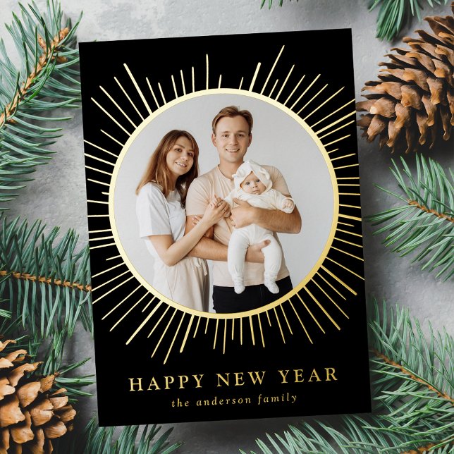 Modern Black and Gold Sunburst New Year Photo Foil Holiday Card (Creator Uploaded)