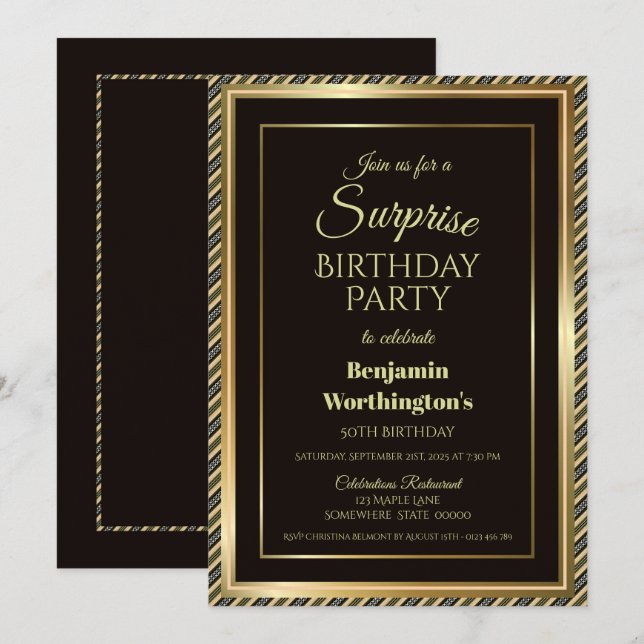 Modern Black and Gold Surprise 50th Birthday Party Invitation (Front/Back)
