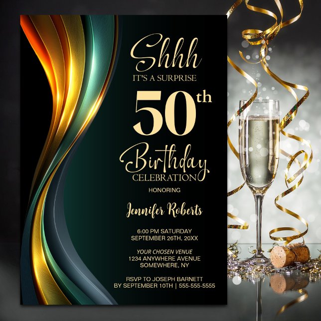 Modern Black and Gold Surprise 50th Birthday Party Invitation (Creator Uploaded)