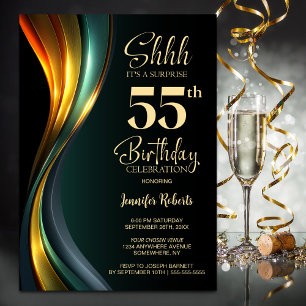 Modern Black and Gold Surprise 55th Birthday Party Invitation