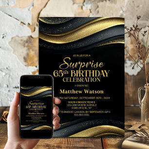 Modern Black and Gold Surprise 65th Birthday Party Invitation