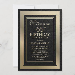 Modern Black and Gold Surprise 65th Birthday Party Invitation