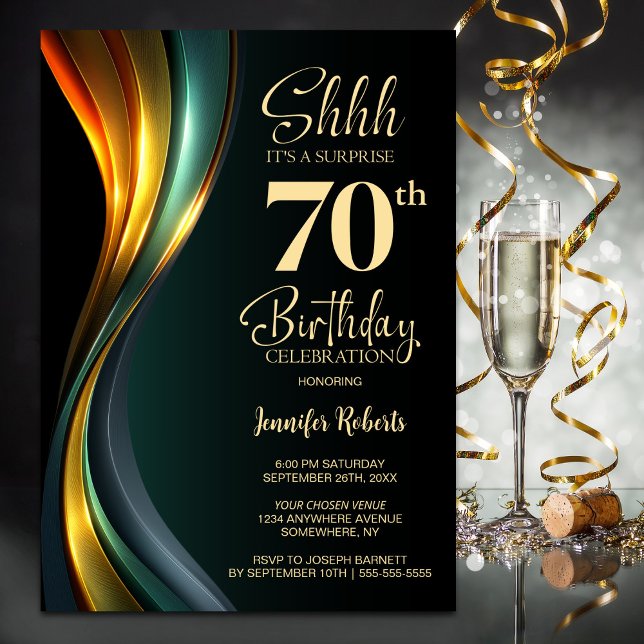 Modern Black and Gold Surprise 70th Birthday Party Invitation (Creator Uploaded)