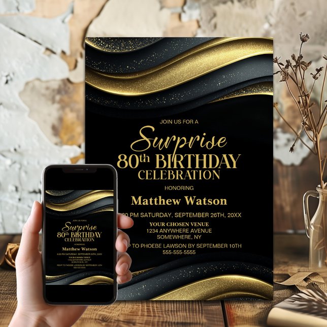Modern Black and Gold Surprise 80th Birthday Party Invitation (Creator Uploaded)
