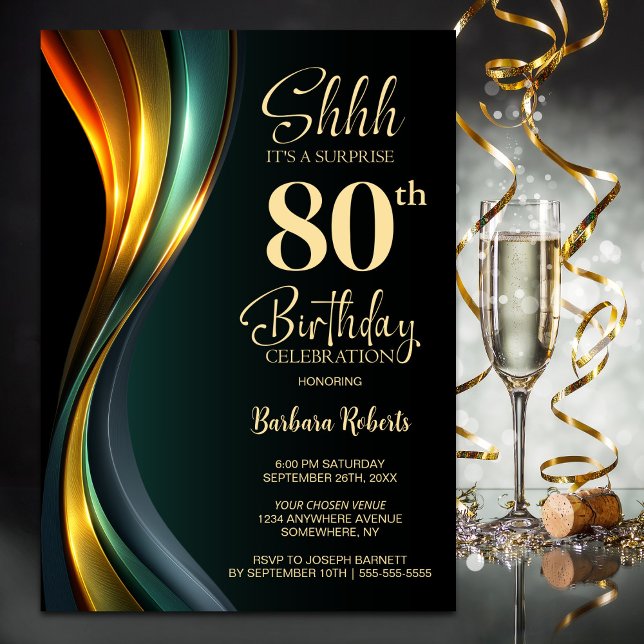 Modern Black and Gold Surprise 80th Birthday Party Invitation (Creator Uploaded)