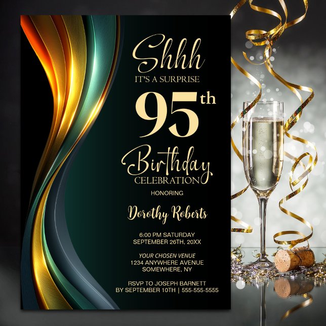 Modern Black and Gold Surprise 95th Birthday Party Invitation (Creator Uploaded)