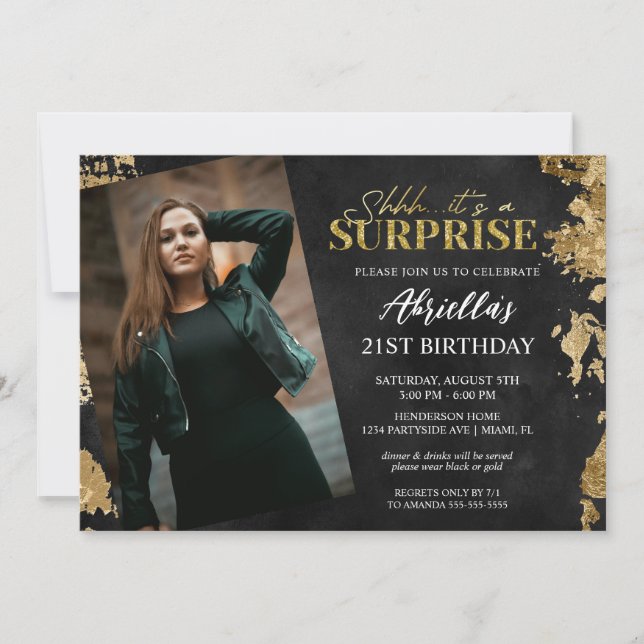 Modern Black and Gold Surprise Birthday Photo Invitation (Front)