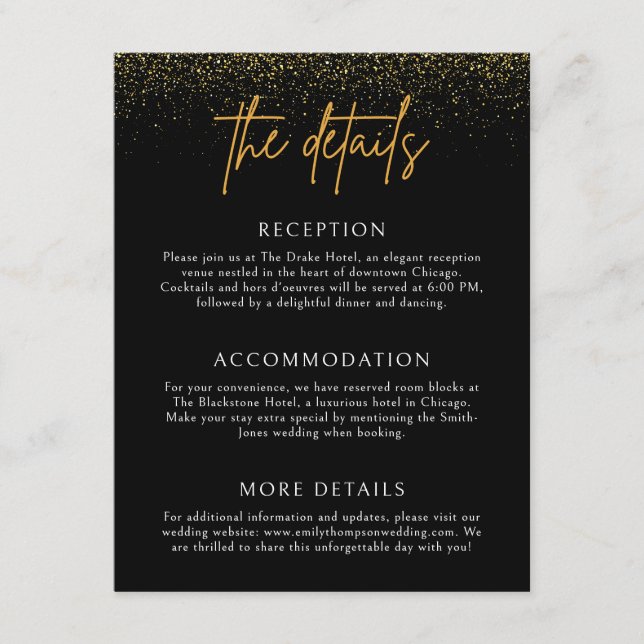 Modern Black and Gold Wedding Details Enclosure Card (Front)