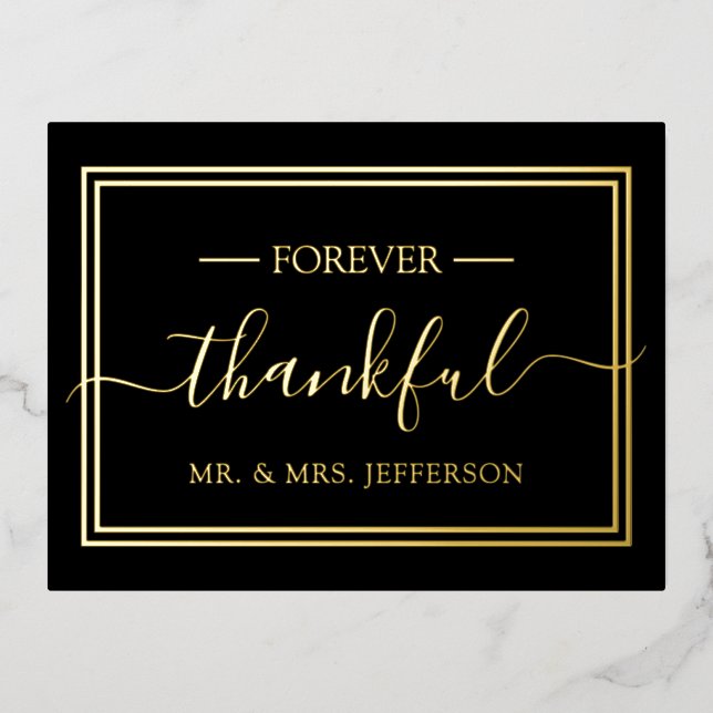 Modern Black and Gold Wedding Mr. & Mrs. Thank You Foil Invitation Postcard (Front)