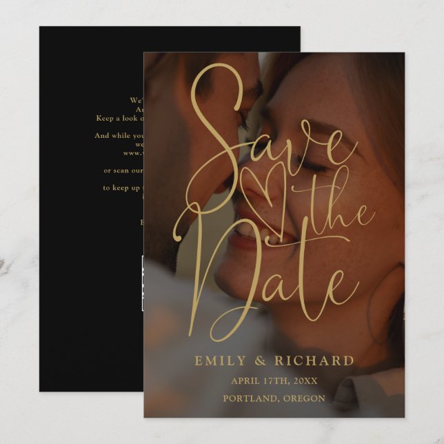 Modern Black And Gold Wedding Photo QR Code Save The Date (Front/Back)