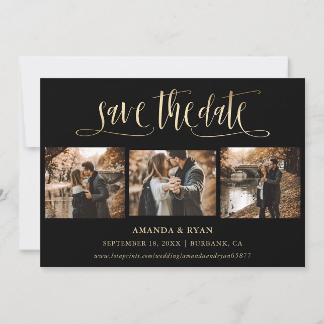 Modern Black and Gold Wedding Photo Save The Date (Front)