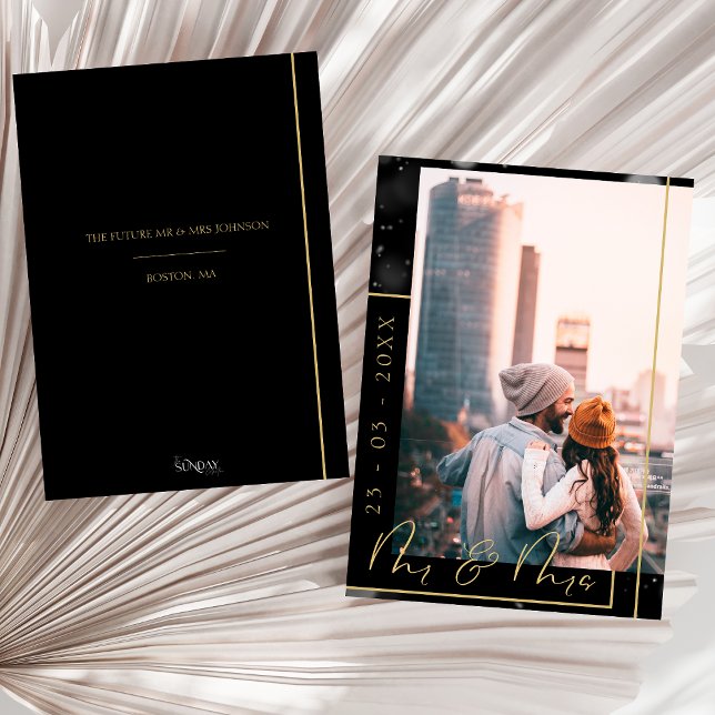 Modern Black and Gold Wedding Photo Save The Date (Black and Gold Mr. and Mrs. Script Photo Save The Date)