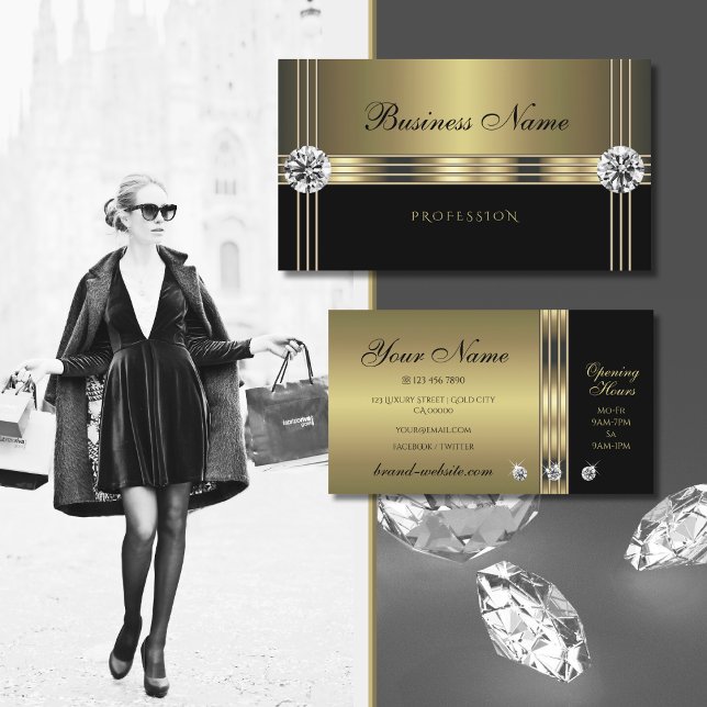 Modern Black and Gold with Sparkling Diamonds Business Card (Creator Uploaded)