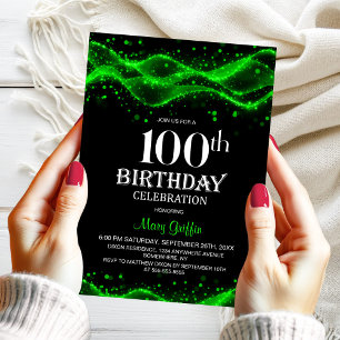 Modern Black and Green 100th Birthday Party Invitation