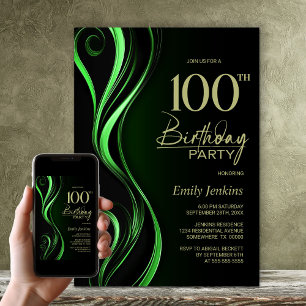 Modern Black and Green 100th Birthday Party Invitation