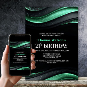 Modern Black and Green 21st Birthday Party Invitation