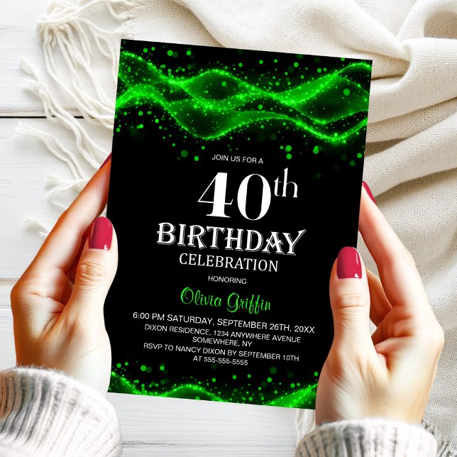 Modern Black and Green 40th Birthday Party Invitation (Creator Uploaded)