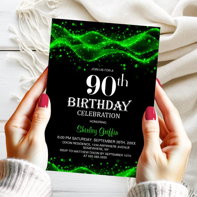 Modern Black and Green 90th Birthday Party Invitation (Creator Uploaded)