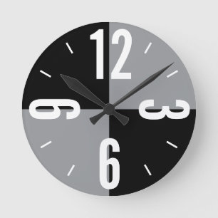 Modern black and grey colour blocks large numbers round clock