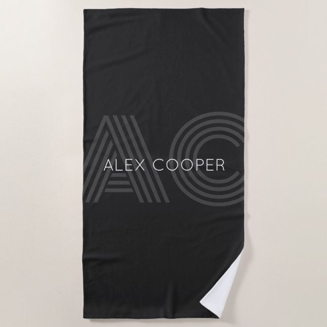 Modern Black and Grey Monogram Beach Towel (Front)