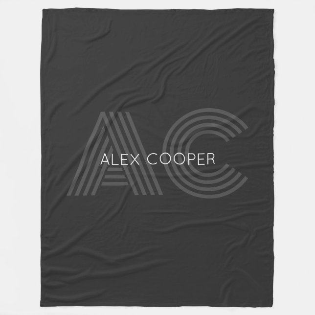 Modern Black and Grey Monogram Fleece Blanket (Front)