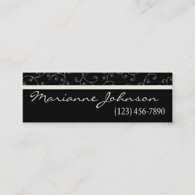 Modern Black And Ivory Swirl Mini Business Card (Front)