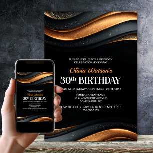 Modern Black and Orange 30th Birthday Party Invitation