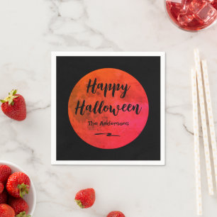 Modern Black and Orange Full Moon Happy Halloween Napkin