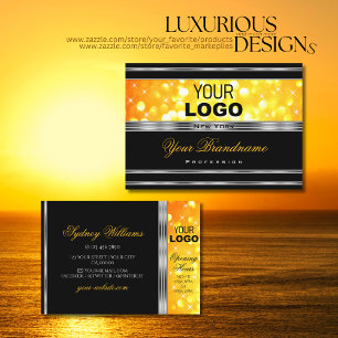 Modern Black and Orange Glitter Logo Silver Border Business Card
