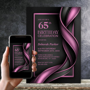 Modern Black and Pink 65th Birthday Party Invitation
