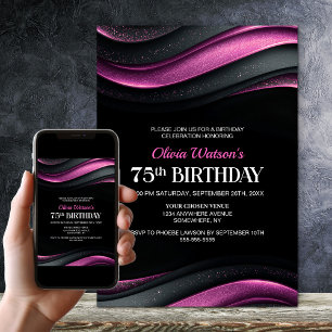 Modern Black and Pink 75th Birthday Party Invitation