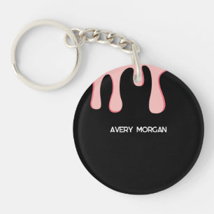 Modern Black and Pink Drip Name Key Ring