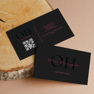 Modern Black and Pink Script QR Code Business Card