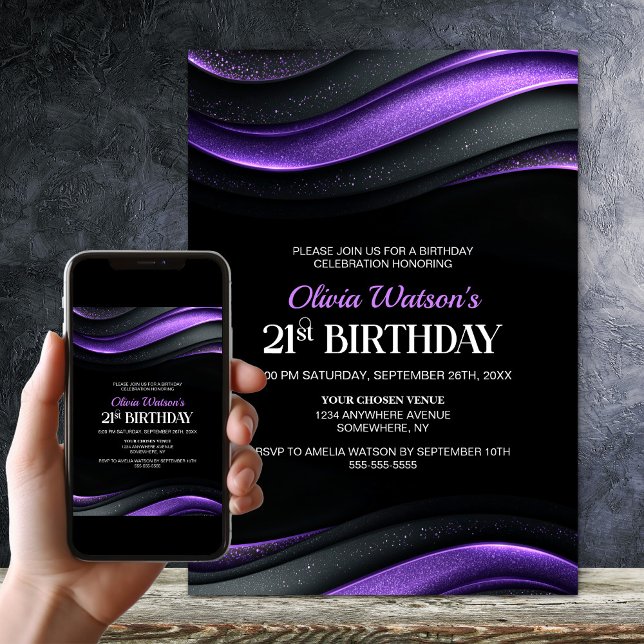 Modern Black and Purple 21st Birthday Party Invitation (Creator Uploaded)