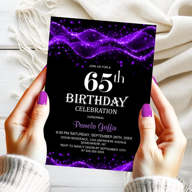 Modern Black and Purple 65th Birthday Party Invitation (Creator Uploaded)