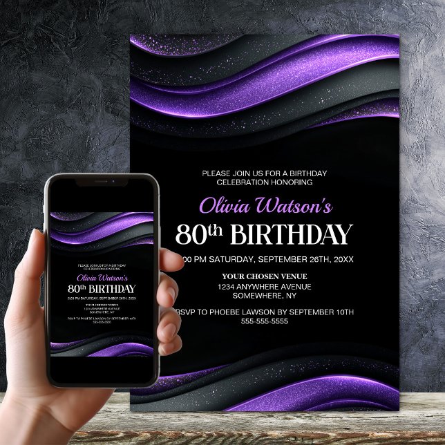 Modern Black and Purple 80th Birthday Party Invitation (Creator Uploaded)