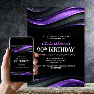 Modern Black and Purple 90th Birthday Party Invitation