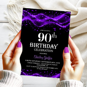 Modern Black and Purple 90th Birthday Party Invitation