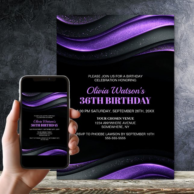 Modern Black and Purple Any Age Birthday Party Invitation (Creator Uploaded)