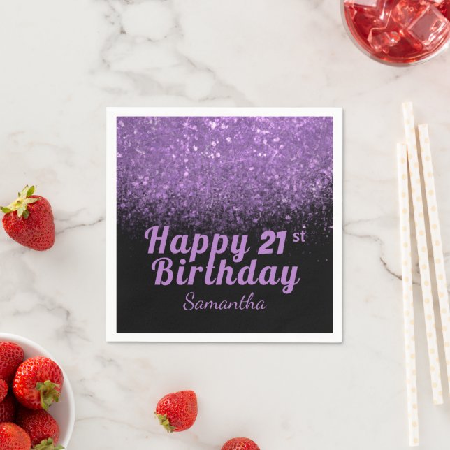 Modern Black and Purple Glitter Any Age Birthday Napkin (Insitu)