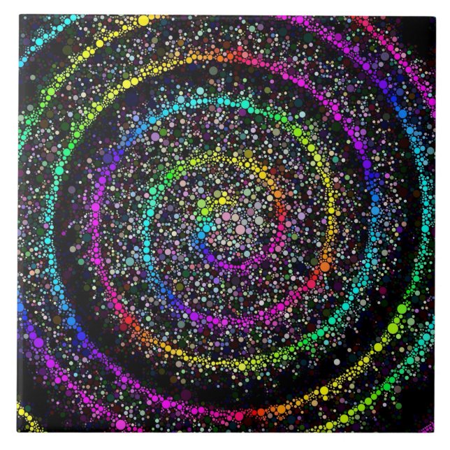 Modern Black and Rainbow Spiral Dot Ceramic Tile (Front)